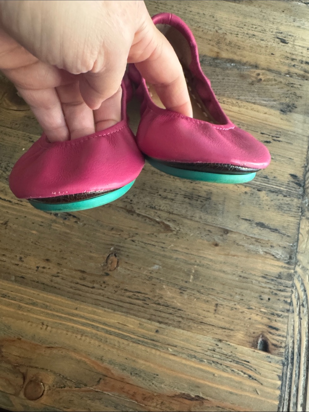 Women's Pink Leather Ballet Flats with Turquoise Heel Tab - Picture 4 of 8